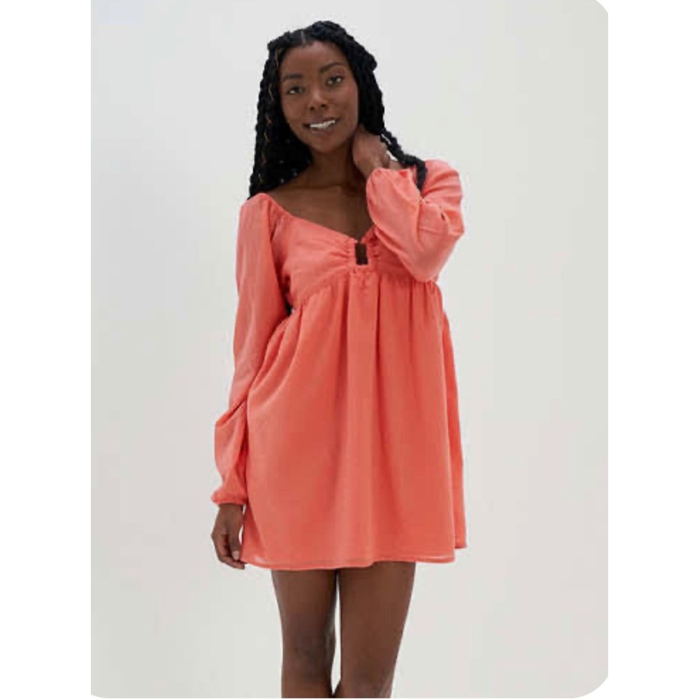 American Eagle Coral Ring-Front Babydoll Mini Dress Small
